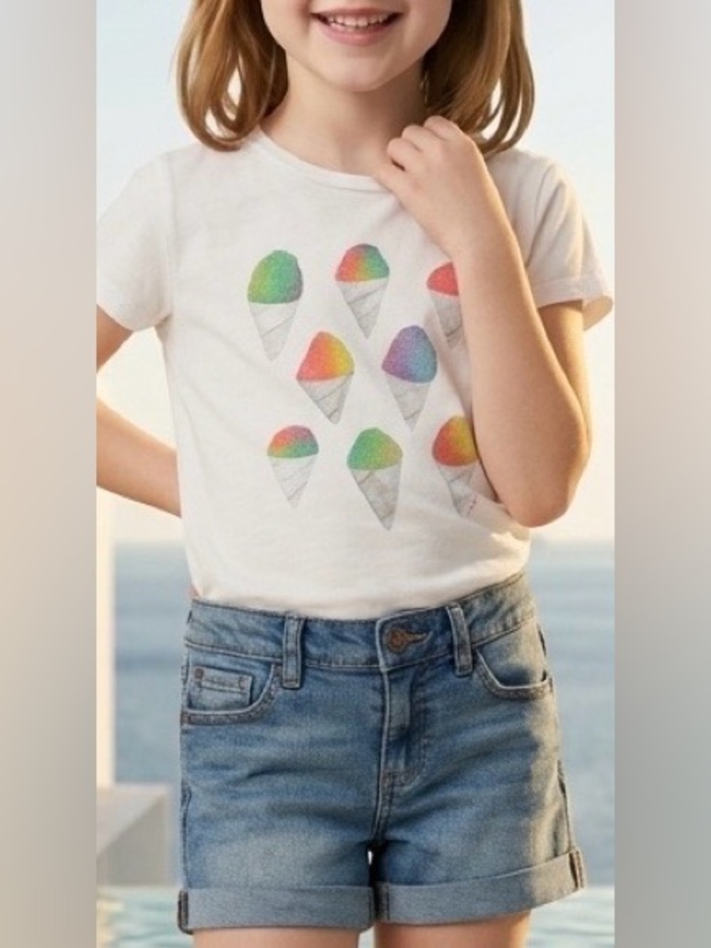 Girls' White Ice Cream Graphic Tee and Denim Shorts Kids Matching Set - Picture 1 of 1
